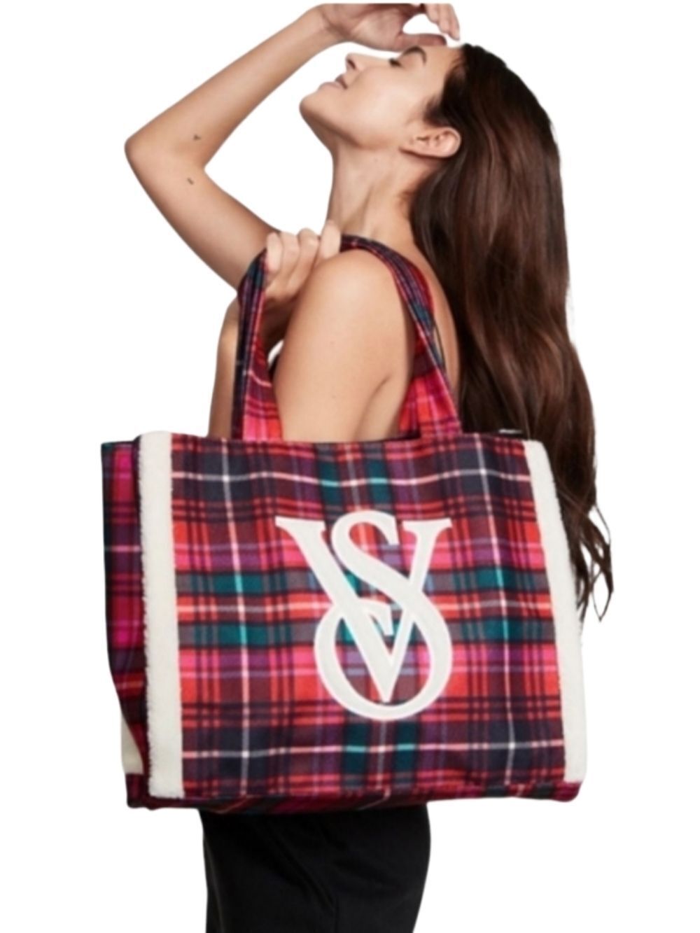 Victoria's Secret Womens Red White Shearling Trim Canvas Plaid Tote Bag OS